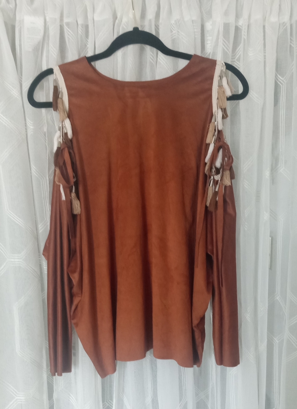 Luxe Moda Brown Cold-Shoulder Top with Tassel Detail Size S
